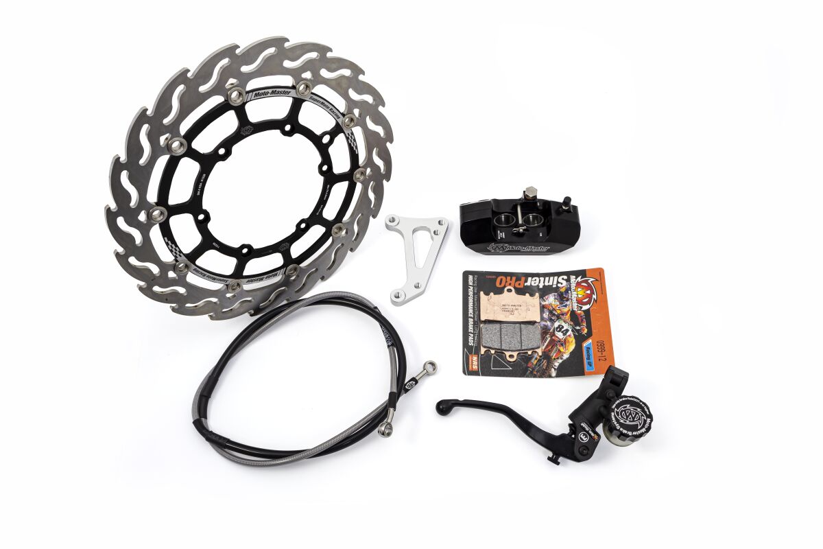 SM RACE KIT: 320mm FLOATING FLAME, BRAKE PADS/LINE,4 PISTON CALIPER/BRACKET, RADIAL MASTER CYLINDER