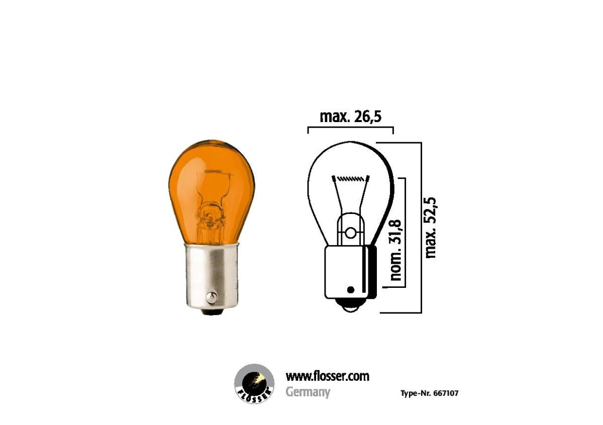 BULB SINGLE FILAMENT 12V PY21W BAU15S AMBER 10PK