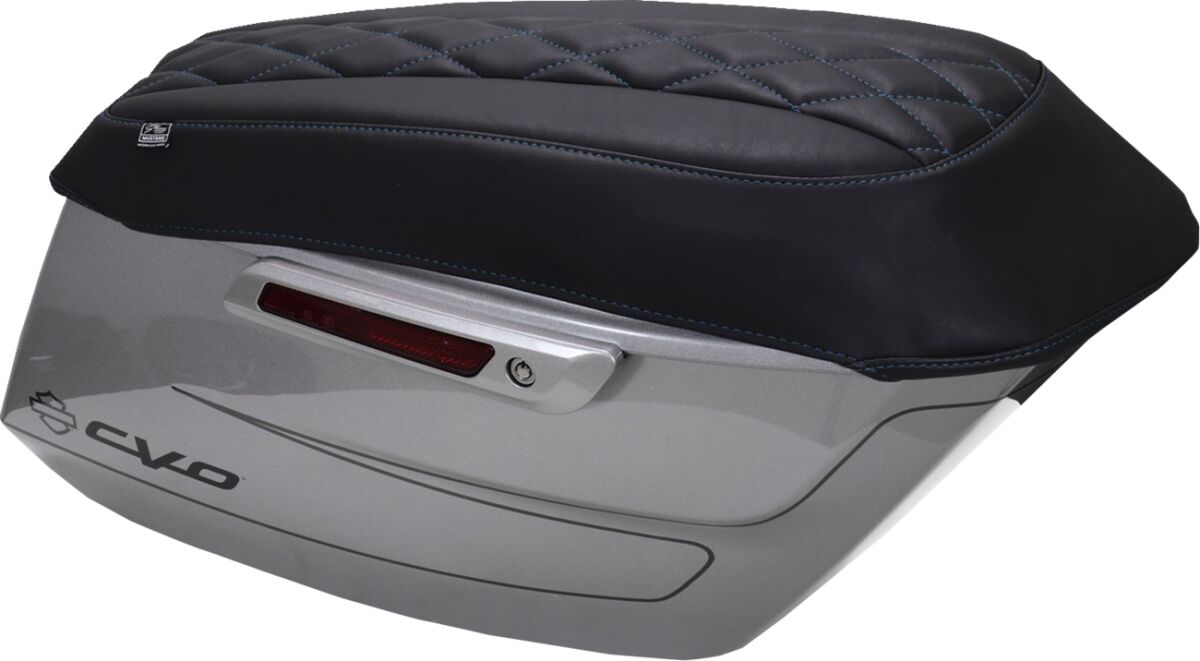 Deluxe Diamond Saddlebag Lid Cover - Black w/ Sky Blue Stitch - FLH/FLT '23-'25