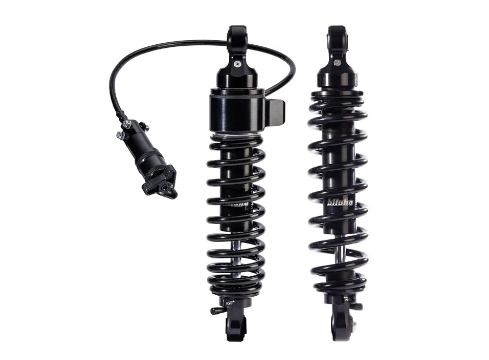 Twinshocks, justerbare: enkelt dæmper, hydraulisk fjederforspænding, returdæmpning, længde 306 mm (12 inch), DARK EDITION