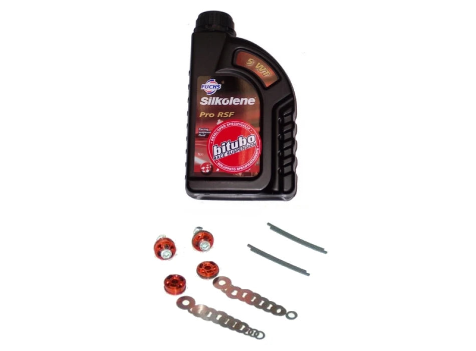 Gaffel-kit (stempler, shims + olie): retur-/kompressionsstempler, shims (fjederskiver) + 1 liter gaffelolie