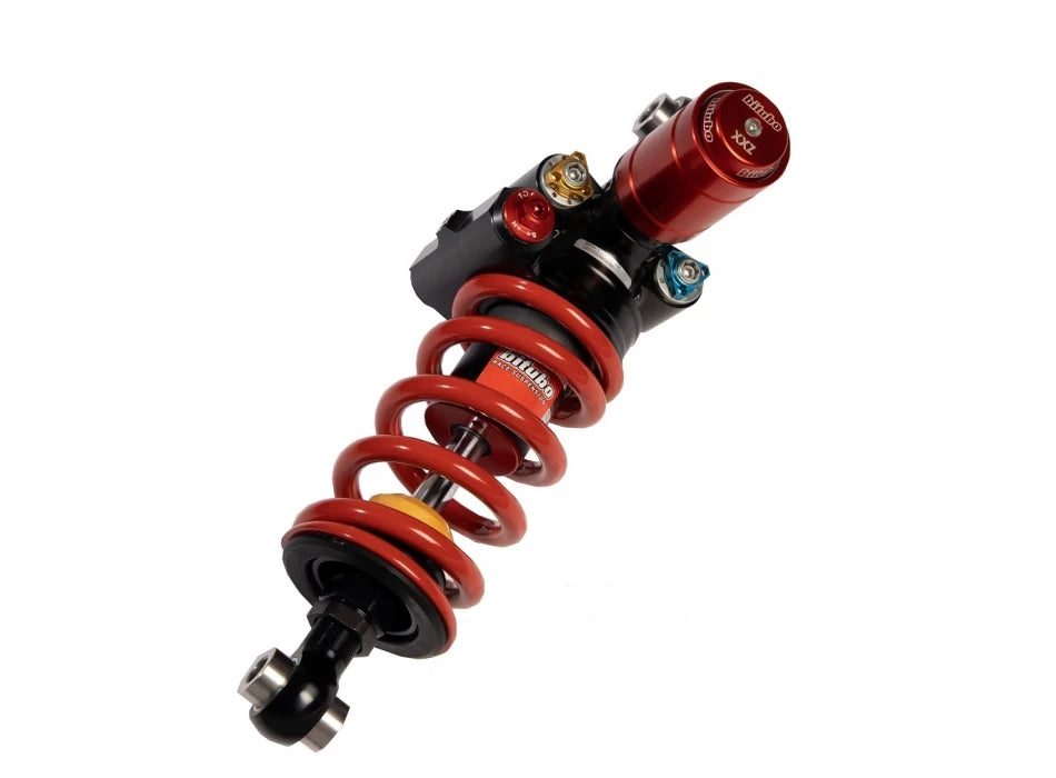 Mono-dæmper, justerbar: integreret hydraulisk fjederforspænding, dobbelt returdæmpning, dobbelt kompression, længde 372 mm, justerbar -3/+5 mm, rød fjeder